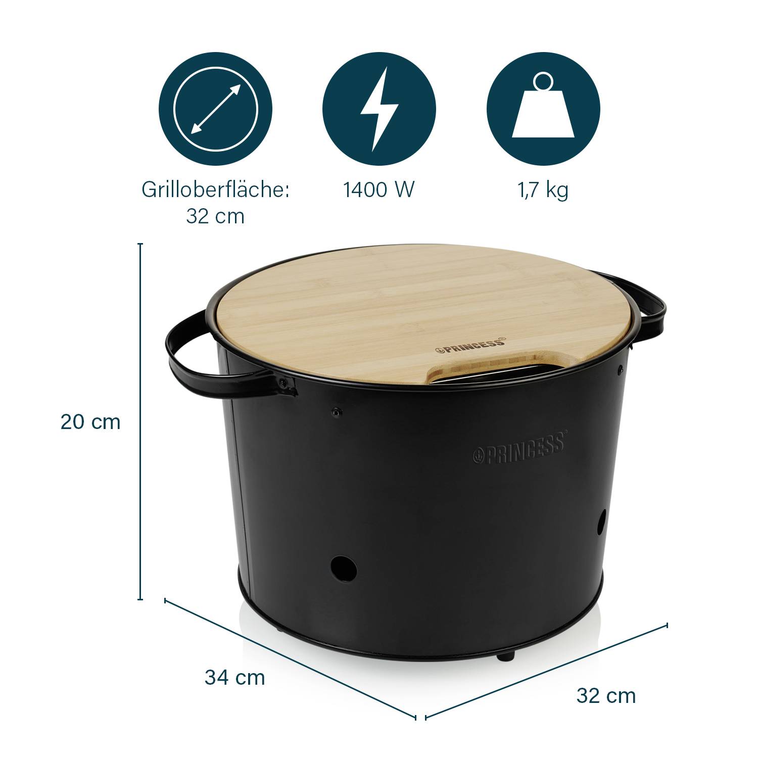 Kulatý elektrický gril s dřevěným víkem, průměr 32 cm, výkon 1400 W, hmotnost 1,7 kg, výška 20 cm.