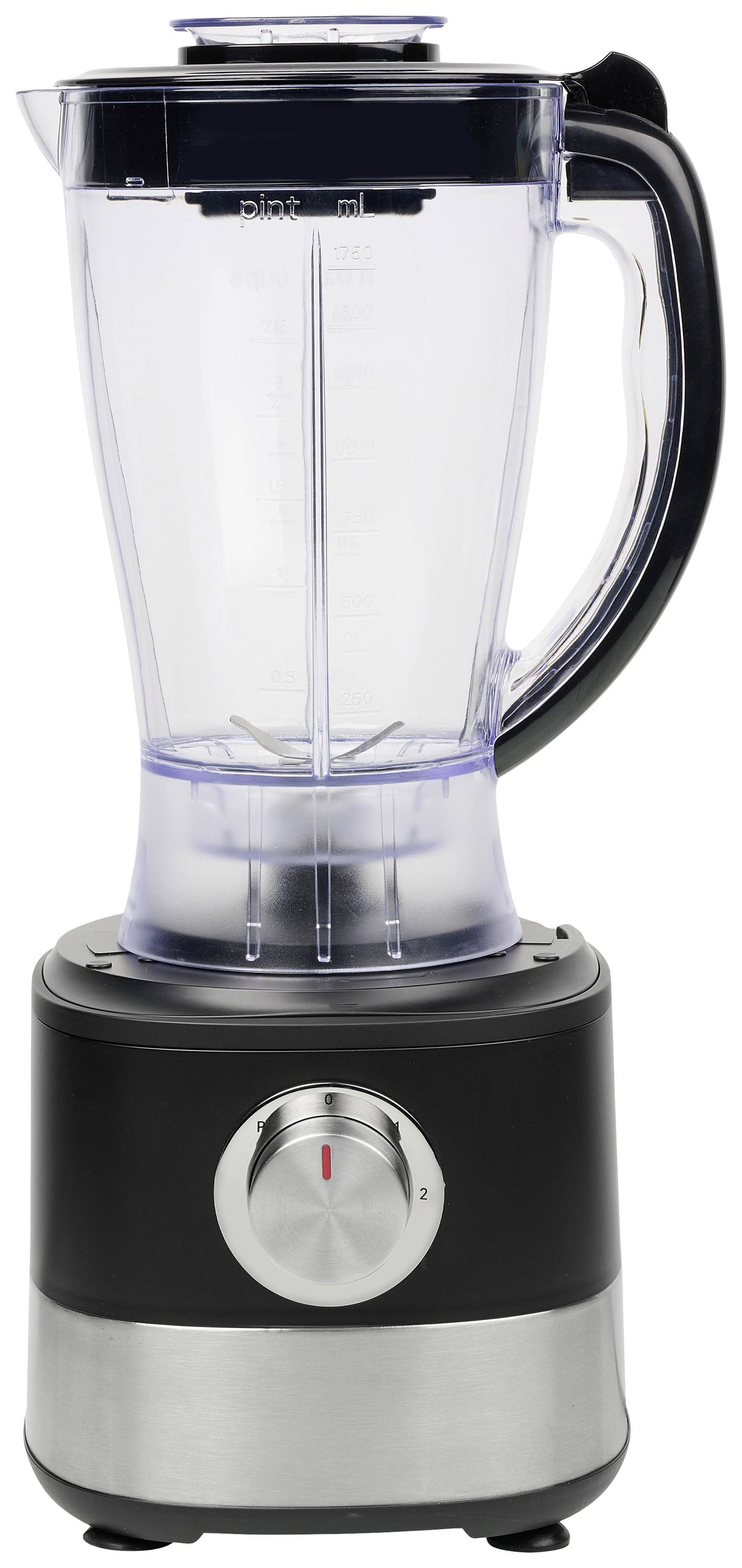 Černý stolní mixér s průhlednou nádobou a stříbrným otočným knoflíkem. Vhodný pro míchání surovin v kuchyni.