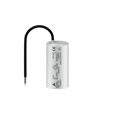 Válcový kovový kondenzátor s kabelovým připojením a technickými údaji na povrchu; vhodný pro elektrické aplikace.
