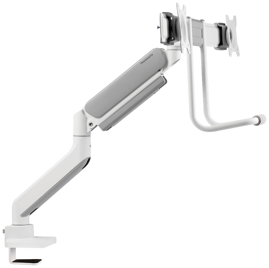 Nastavitelné rameno na monitor v bílé barvě se dvěma upevňovacími body pro montáž na stěnu nebo stůl. Vhodné pro dva monitory.