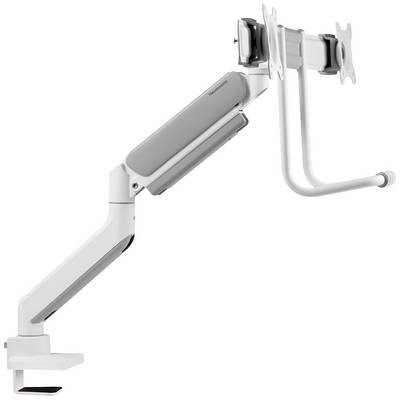 Nastavitelné rameno na monitor v bílé barvě se dvěma upevňovacími body pro montáž na stěnu nebo stůl. Vhodné pro dva monitory.