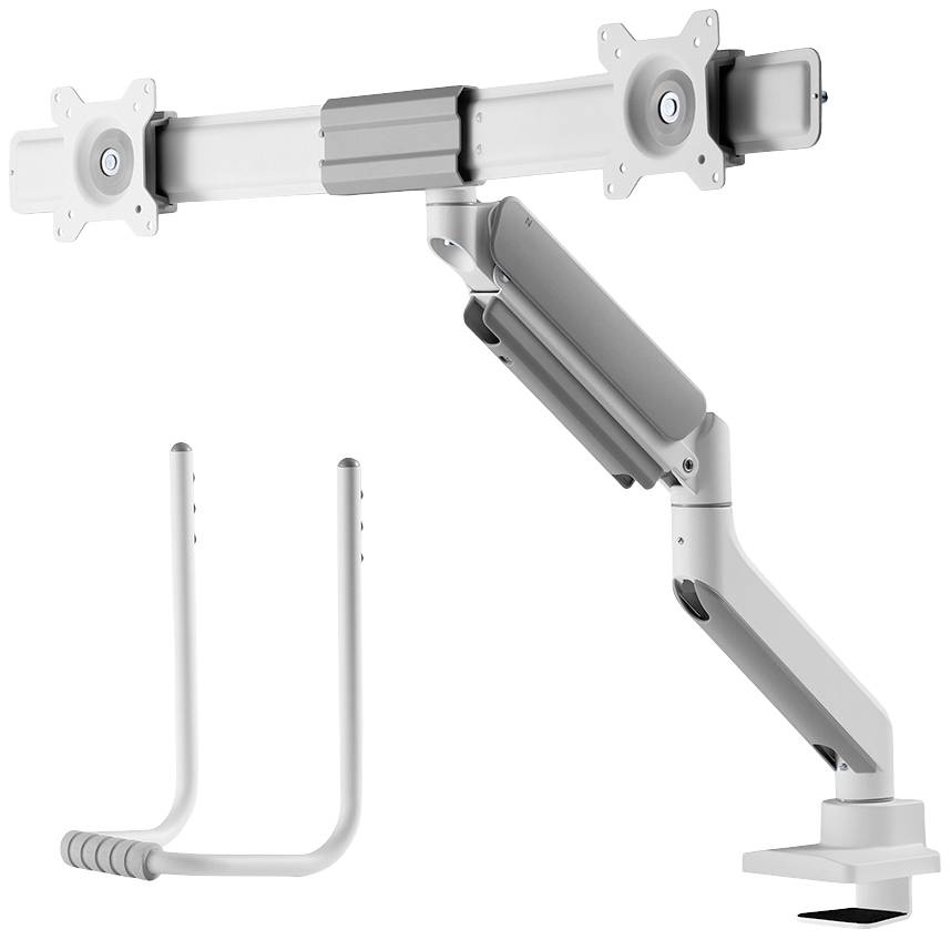 Nastavitelné rameno monitoru se dvěma uchyceními, flexibilní pro ergonomickou práci. Obsahuje upevňovací komponenty.
