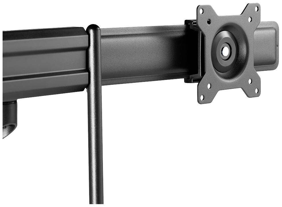 Detailní záběr černého kovového ramene monitoru vybaveného VESA uchycením pro upevnění displeje.