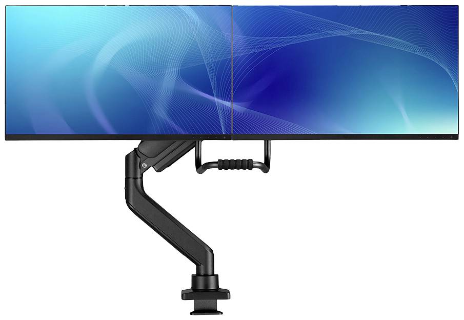 Dva vedle sebe umístěné monitory na flexibilním rameni, které vytváří bezešvý displej s modrými pozadími obrazovek.