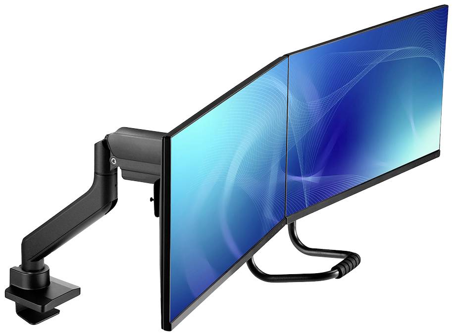 Dva počítačové monitory namontované vedle sebe na jednom rameni. Obrazovky zobrazují modré vlnité vzory.