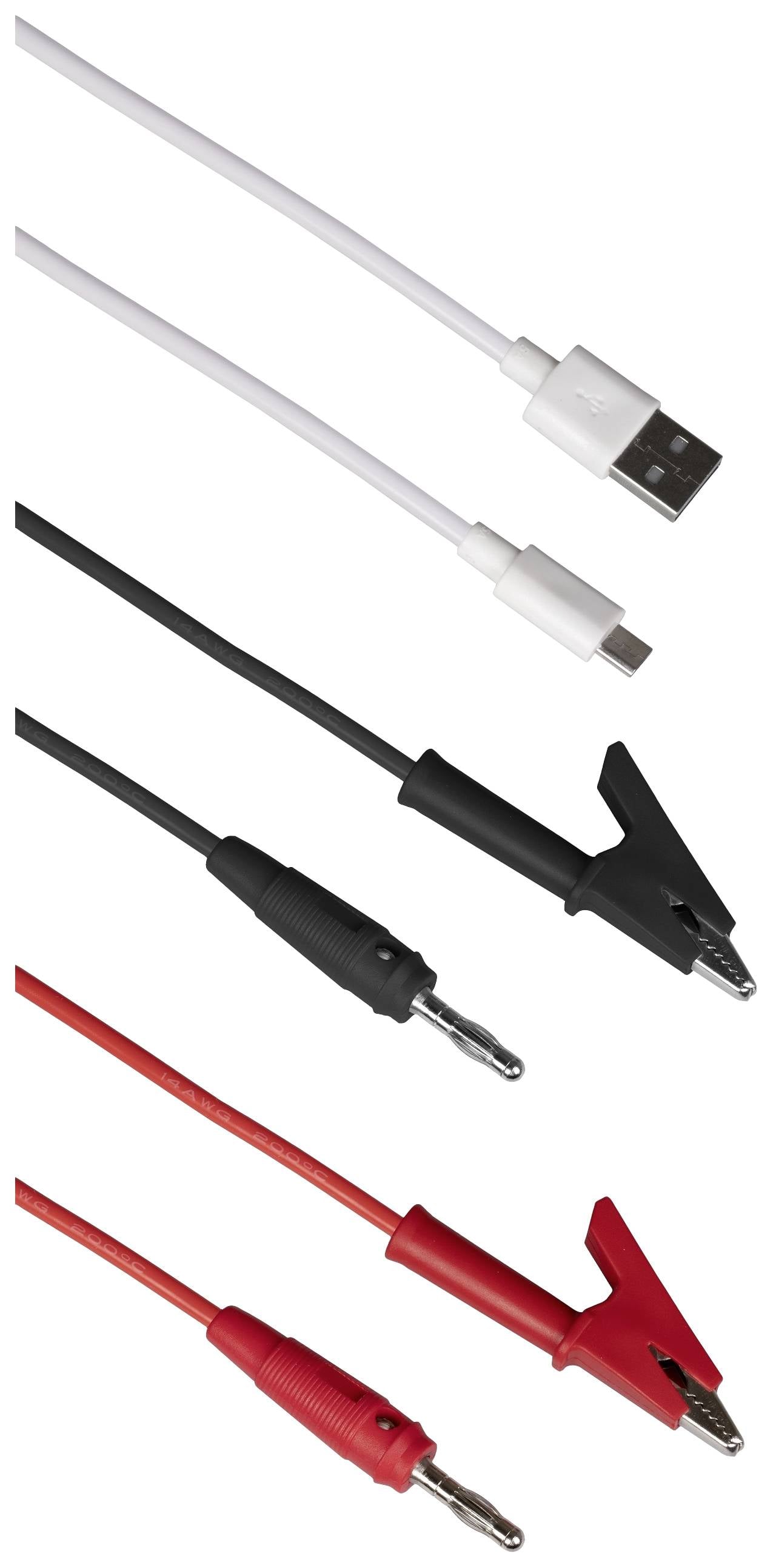 Různé typy kabelů: Nahoře bílý USB kabel, níže černé a červené kabely s krokosvorkami.