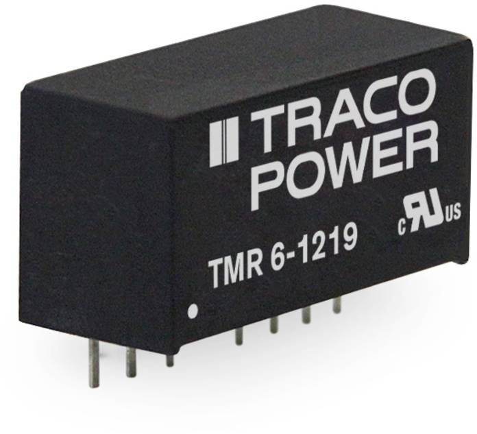 Příklad měniče DC/DC od společnosti TRACO POWER, model TMR 6-1219, s několika kolíky na spodní straně. Vhodný pro elektronické aplikace.