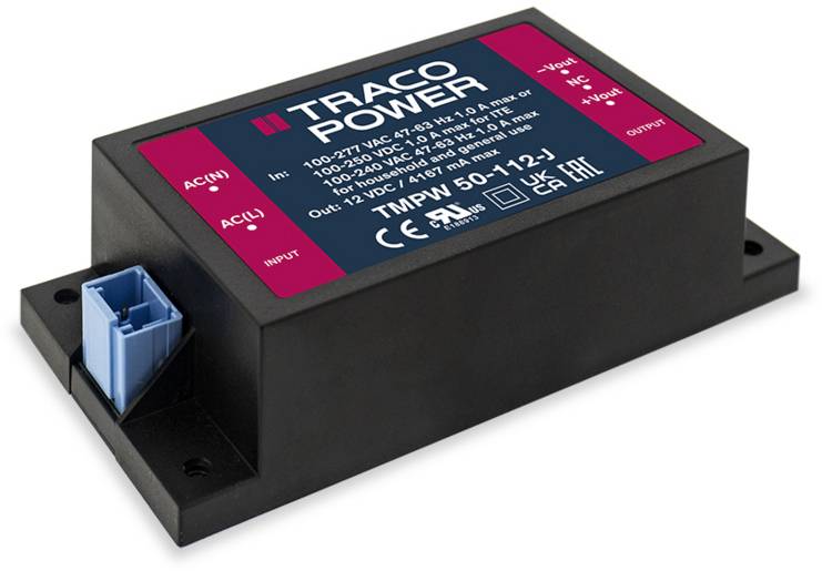 Černý napájecí modul Traco Power s modrým konektorem. Štítek zobrazuje vstupní a výstupní parametry: 'AC 100-277V' a 'DC 12V'.
