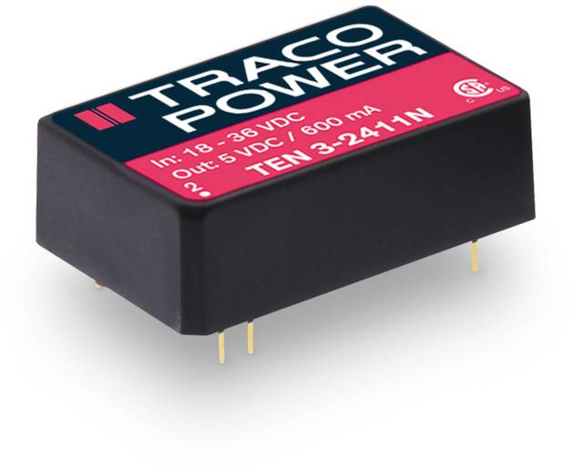 Měnič napětí: Traco Power TEN 3-2411N, vstup: 18–36 VDC, výstup: 5 VDC/600 mA. Na černém pouzdře se čtyřmi piny.