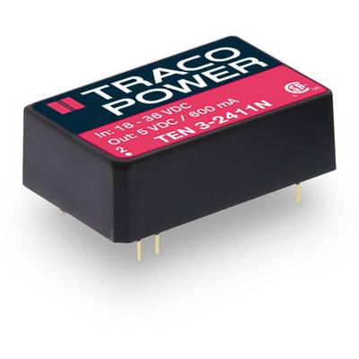 Měnič stejnosměrného napětí 'Traco Power', model TEN 3-2411N, vstup: 18-36 VDC, výstup: 5 VDC, 600 mA. Obdélníkové pouzdro se čtyřmi kolíky.