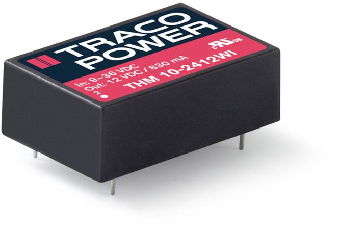 Černý elektronický člen s nápisem 'TRACO POWER', specifikovaný pro vstupní a výstupní napětí a proudovou intenzitu.