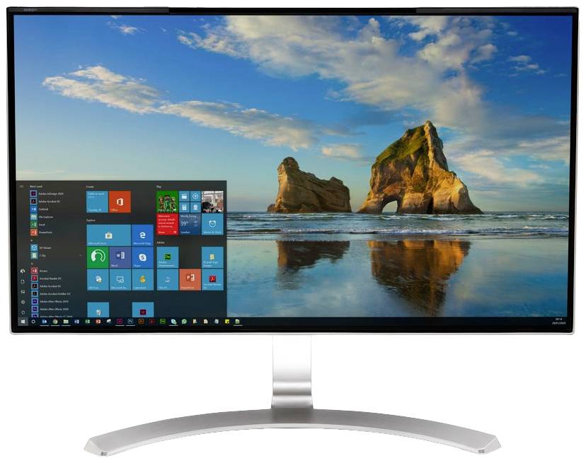 Počítačový monitor zobrazuje plochu Windows s otevřeným nabídkou Start a krajinou pláže jako pozadím.