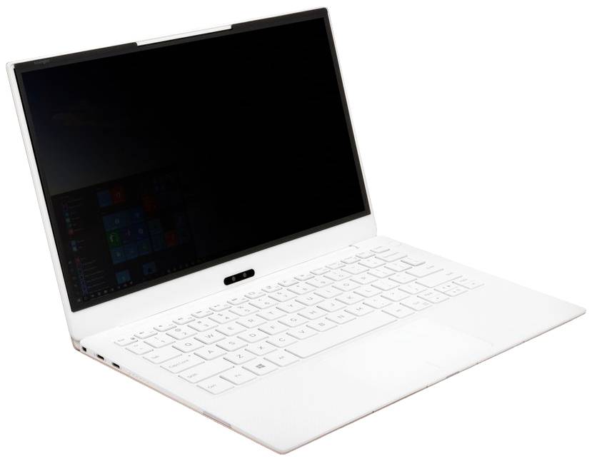 Bílý notebook s otevřenou černou obrazovkou a bílou klávesnicí. Světlý, minimalistický design.