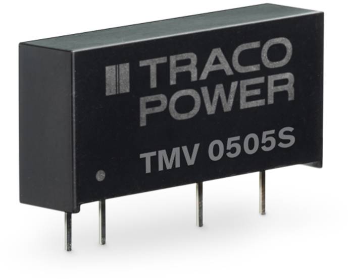 Měnič napětí 'TRACO POWER TMV 0505S', černé, pravoúhlé pouzdro se čtyřmi kovovými kolíky.