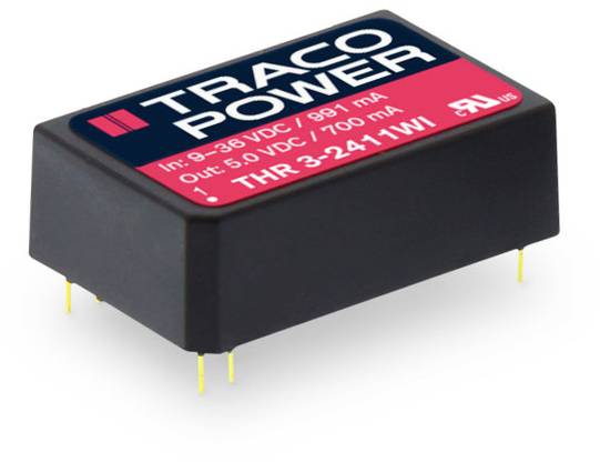 Černý měnič proudu s nápisem 'TRACO POWER'. Vstupy: 9-36 VDC/591 mA, výstupy: 5,0 VDC/700 mA. Model: THR 3-2411WI.