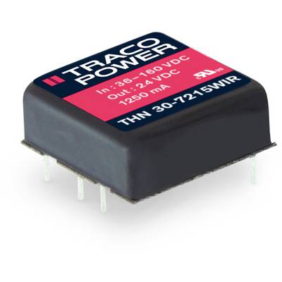 Modul 'TRACO POWER', model THN 30-7215WIR. Vstup: 36-160 VDC. Výstup: 24 VDC, 1250 mA. Elektronická součástka s několika piny.