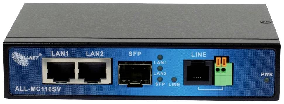 Mediální konvertor s porty pro LAN1, LAN2, SFP a LINE. Indikuje stav napájení prostřednictvím LED kontrolky PWR.
