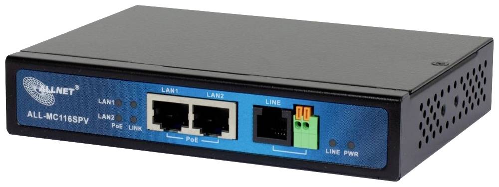 Černý síťový switch se dvěma ethernetovými porty a různými indikačními světly. Značka: ALLNET. Model: ALL-MC116SPV.