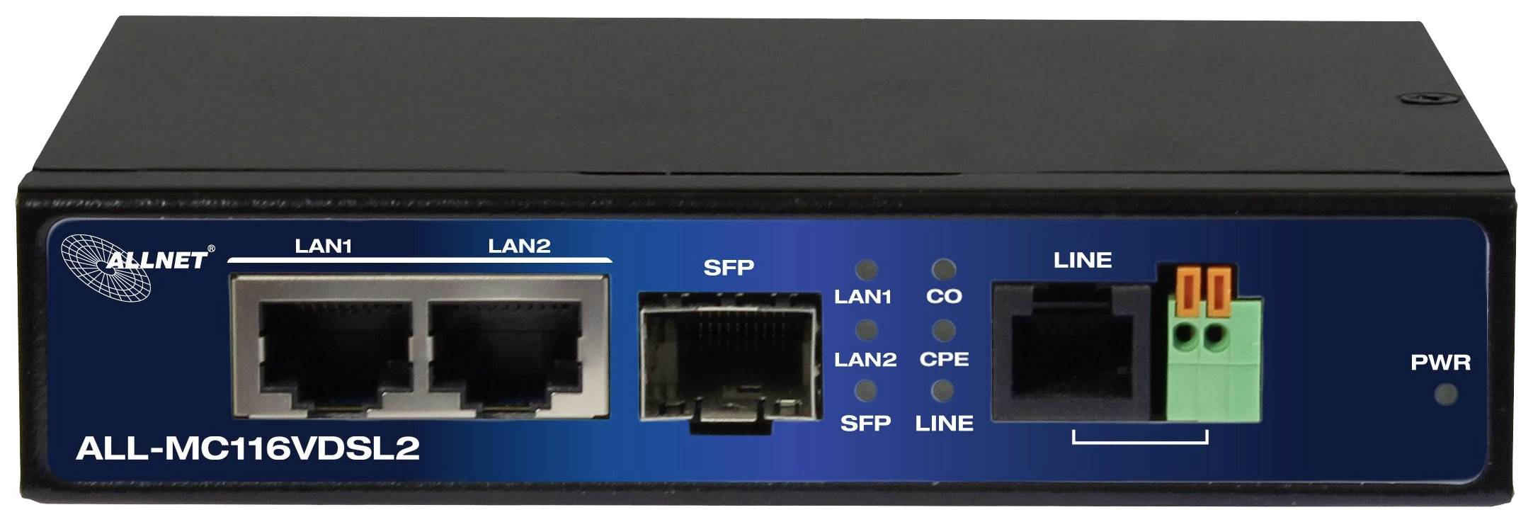 Černé síťové zařízení s modrým předním panelem: Dva LAN porty, jeden SFP slot, LINE port, LED indikátory. Model: ALL-MC116VDSL2.