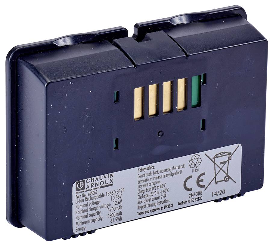 Černý akumulátor s produktovými informacemi: Logo 'Chauvin Arnoux', Model 865566, Napětí 18,6V, Kapacita 5500mAh.