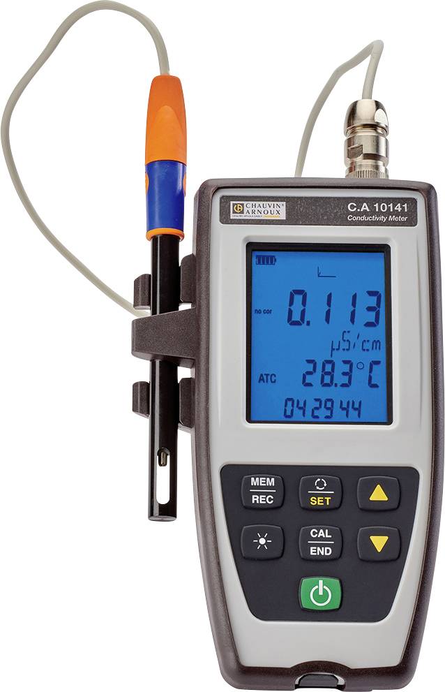 Měřicí přístroj vodivosti s digitálním displejem zobrazuje naměřenou hodnotu 0,113 µS/cm při 28,3°C. Kabel a senzor jsou připojeny.