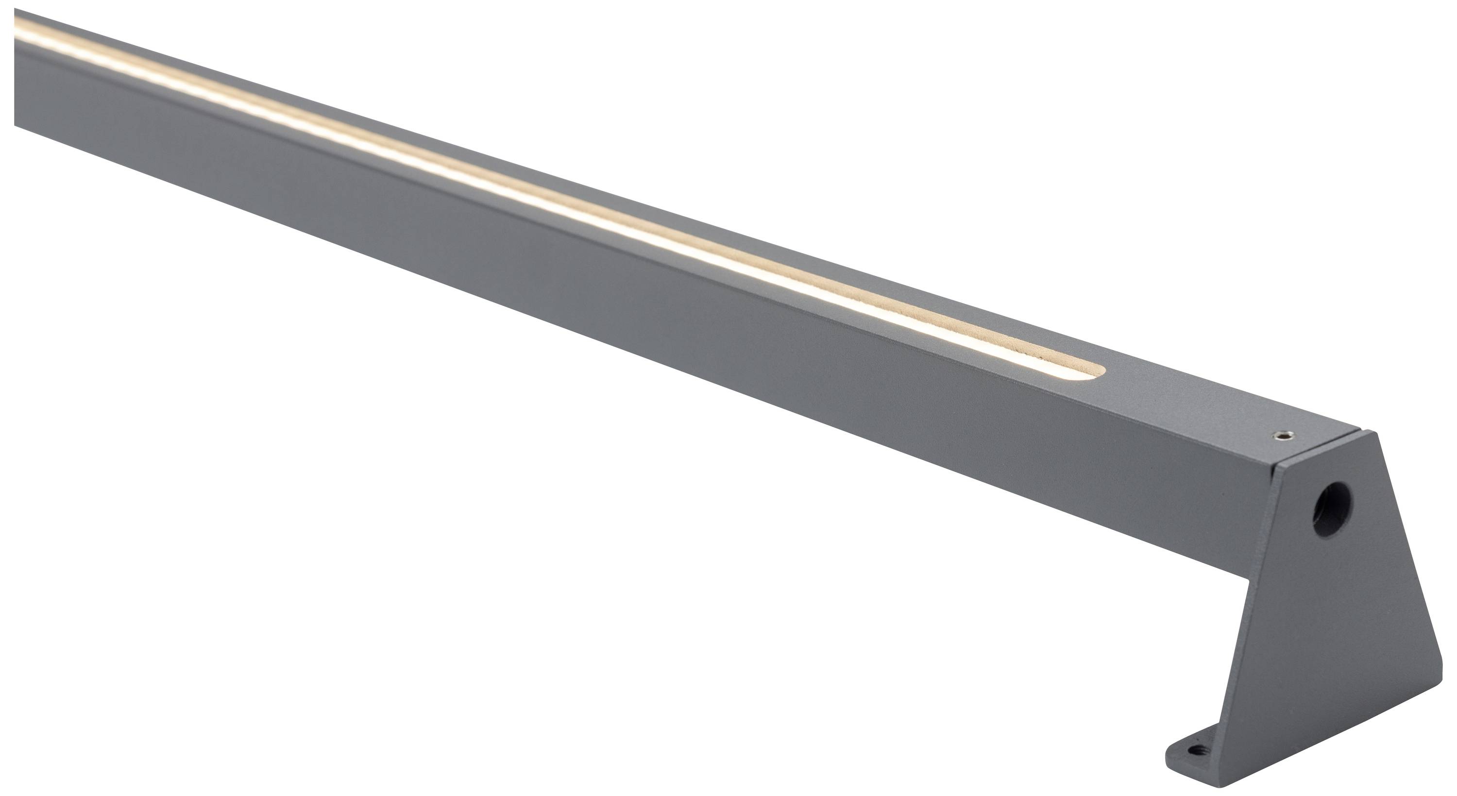 Šikmo vyfotografovaná moderní LED lampa v černém pouzdře, umístěná na trojúhelníkovém podstavci. Vyzařuje teplý bílý světelný pruh.