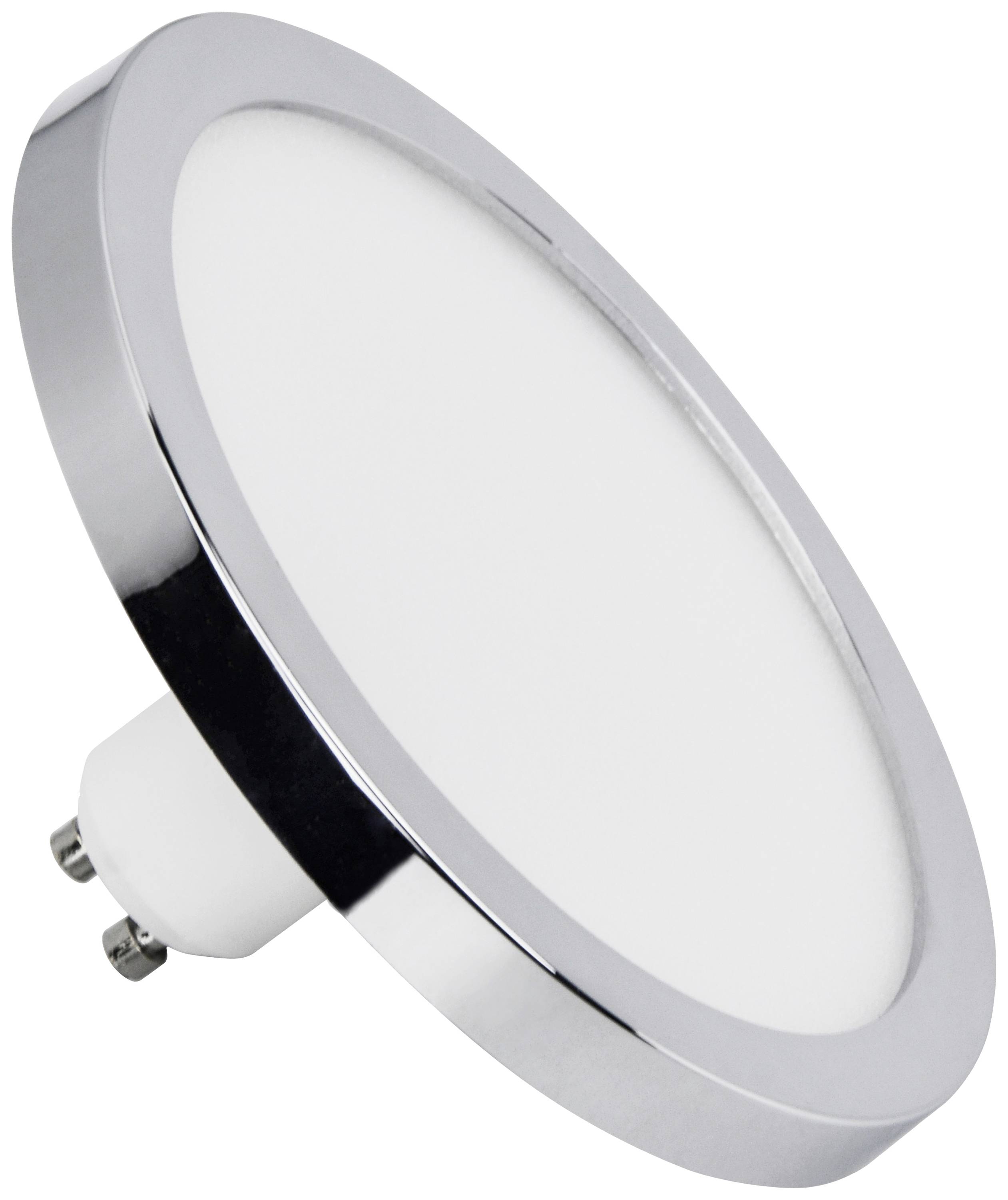 LED stropní světlo v kulatém tvaru se stříbrným okrajem a bílou svítící plochou.