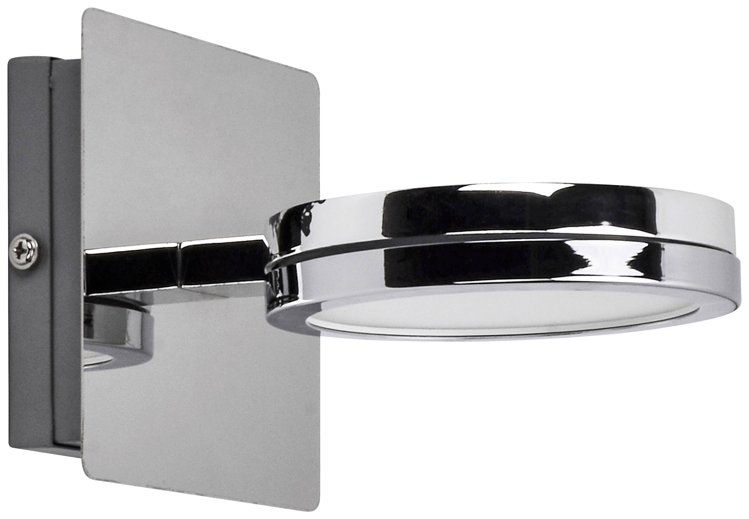 Moderní nástěnná lampa s chromovaným povrchem z kovu s kulatým stínidlem, upevněná na obdélníkové nástěnné konzoli.