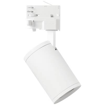 Bílá cylindrická stropní lampa s otočnou hlavou a obdélníkovou konzolí, vhodná pro moderní interiérové osvětlení.