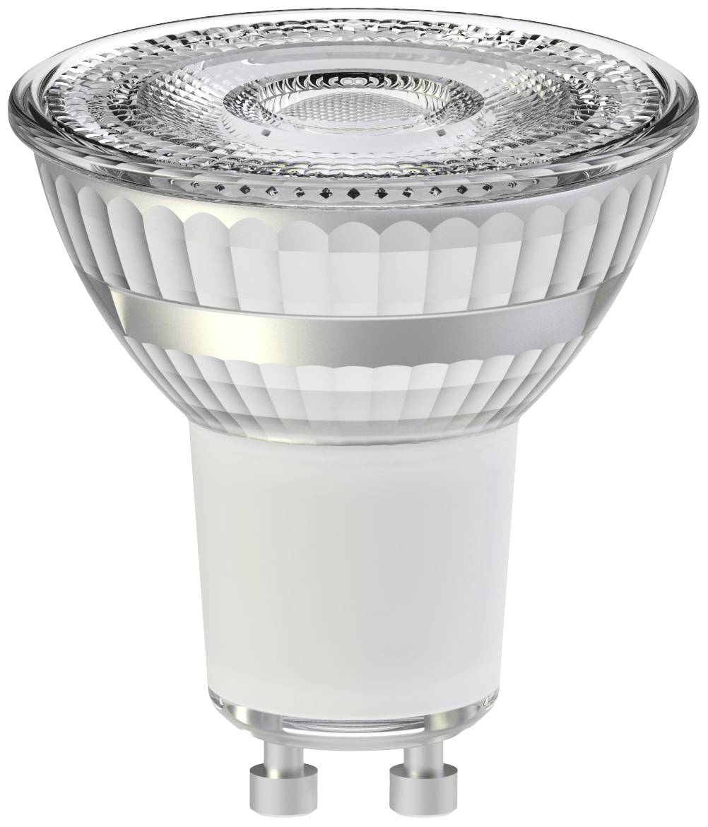 LED žárovka GU10, stříbrno-bílé barvy, s žebrovaným skleněným designem.