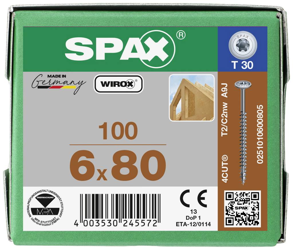 Zelená krabička s logem SPAX obsahuje 100 šroubů T30, 6x80 mm. Potisk: 'Made in Germany', Wirox, QR kód, certifikáty.