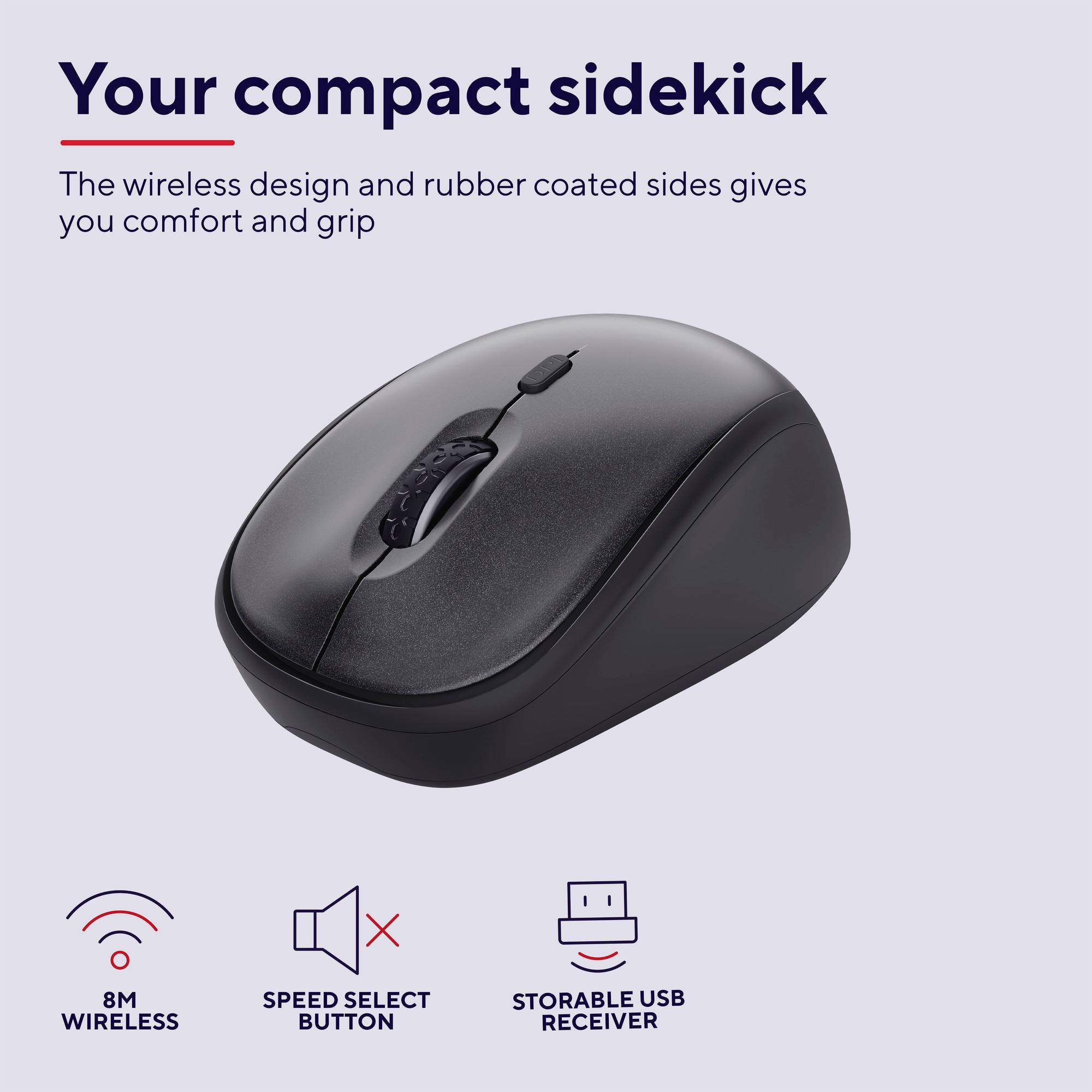 Bezdrátová černá počítačová myš s ergonomickým designem. Text zdůrazňuje kompaktní velikost, pohodlí a protiskluzové gumové boky. Symboly dole znázorňují bezdrátové připojení, rychlost a USB přijímač.