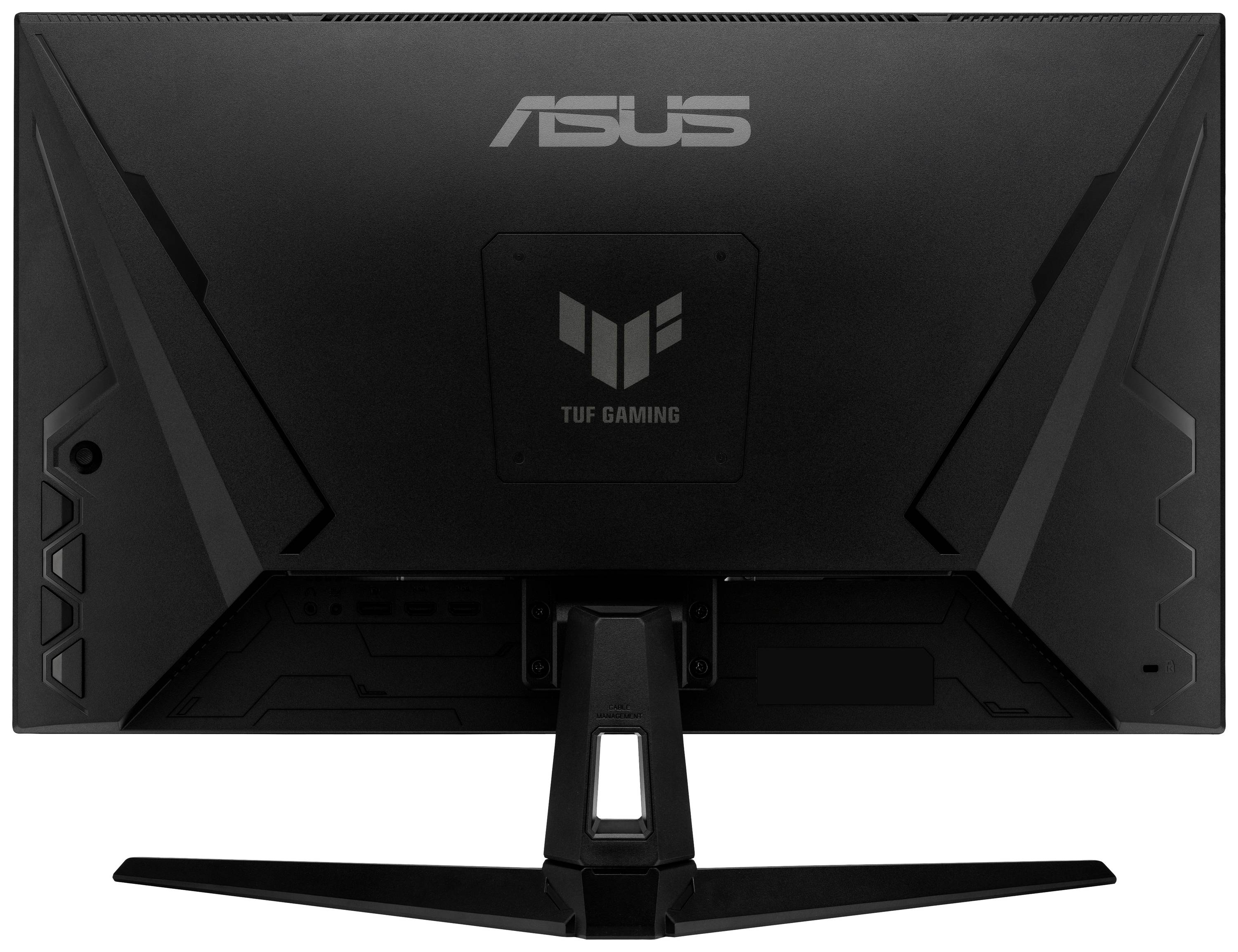 ASUS TUF herní monitor zezadu, černý, s výraznými geometrickými designovými prvky a stabilní podstavou.