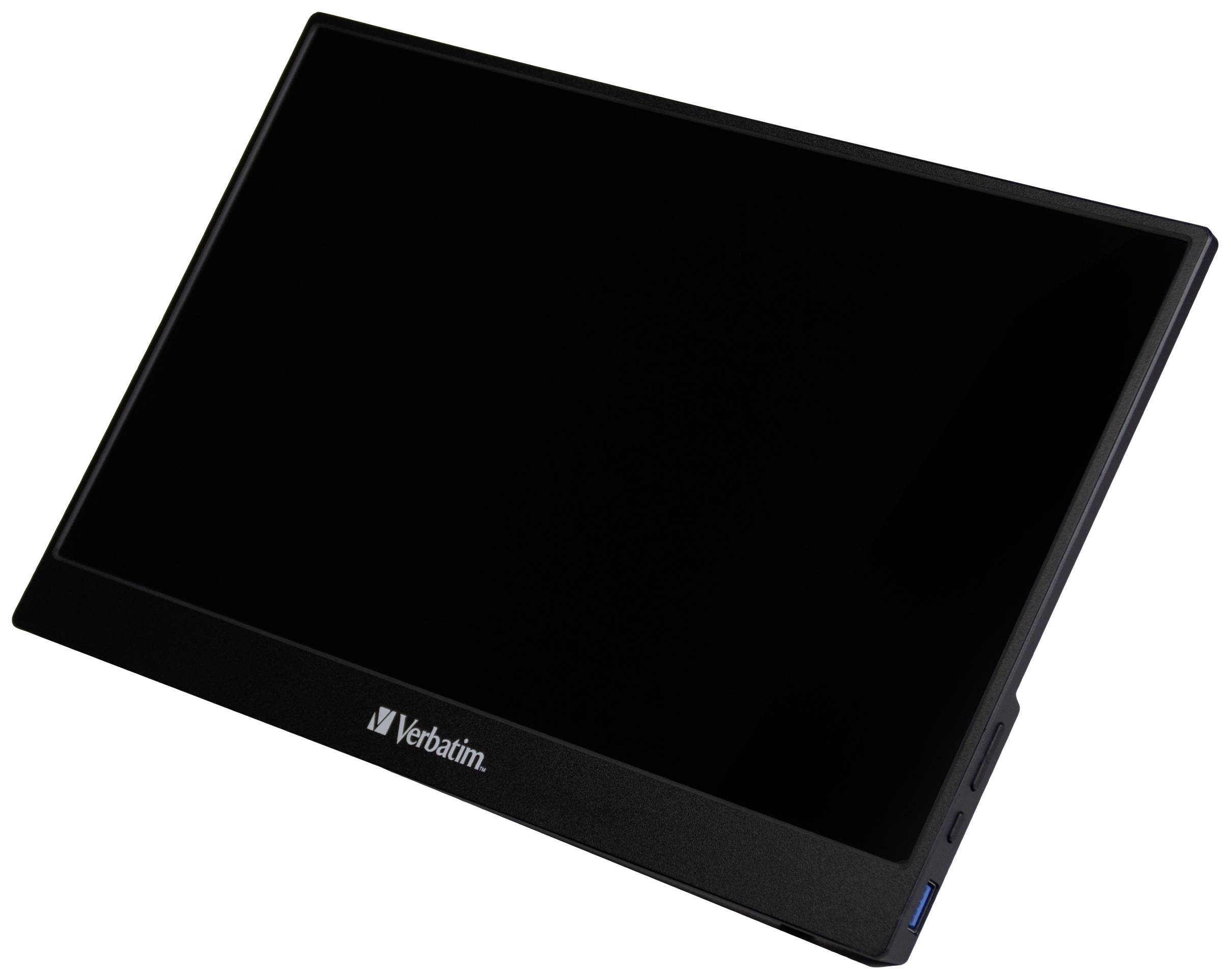 Přenosný černý monitor s logem 'Verbatim' pod ním. Monitor je vypnutý a umístěný na stojanu.