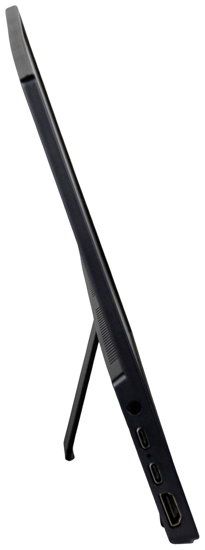Tablet je zobrazen z boku, stojící na výsuvném stojánku. Jsou viditelné porty pro HDMI a USB.