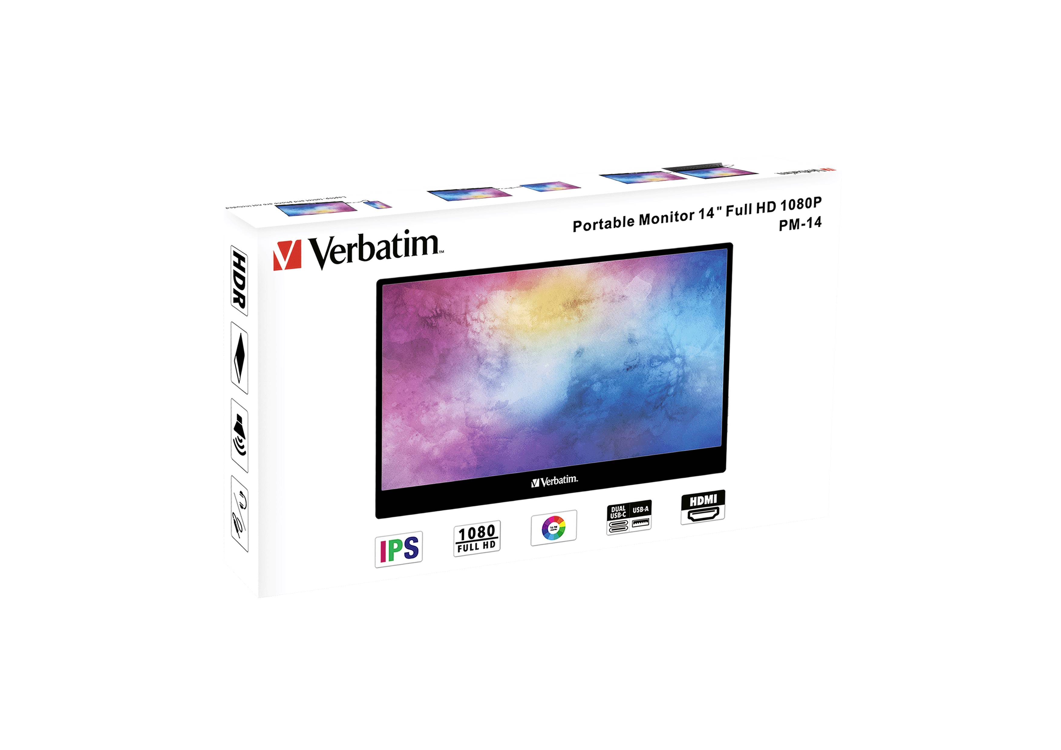 Přenosný 14palcový monitor od Verbatimu s rozlišením Full HD 1080p. Obal zobrazuje monitor s barevným pozadím.