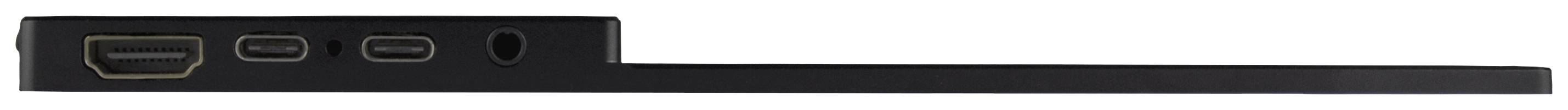 Boční pohled na tenký laptop s konektory: HDMI, dva USB-C a jeden konektor pro sluchátka.