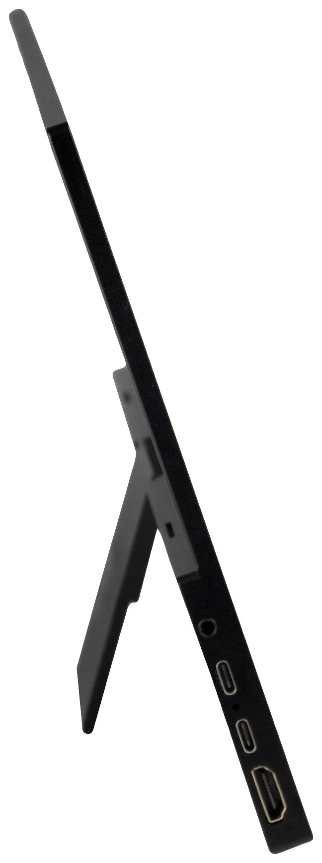 Boční pohled na tablet se stojánkem a několika připojovacími možnostmi.
