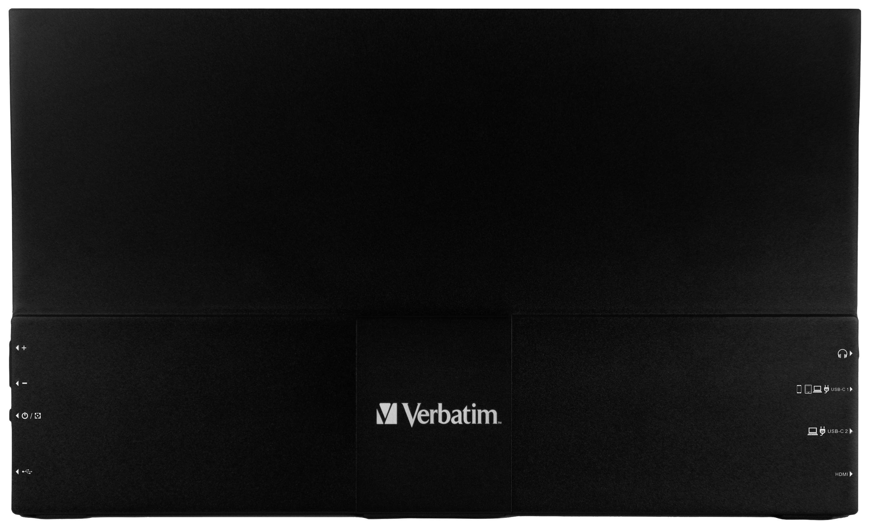 Externí černý externí disk Verbatim, přední strana s logem. Hlavní ovládací prvky a porty nejsou viditelné.