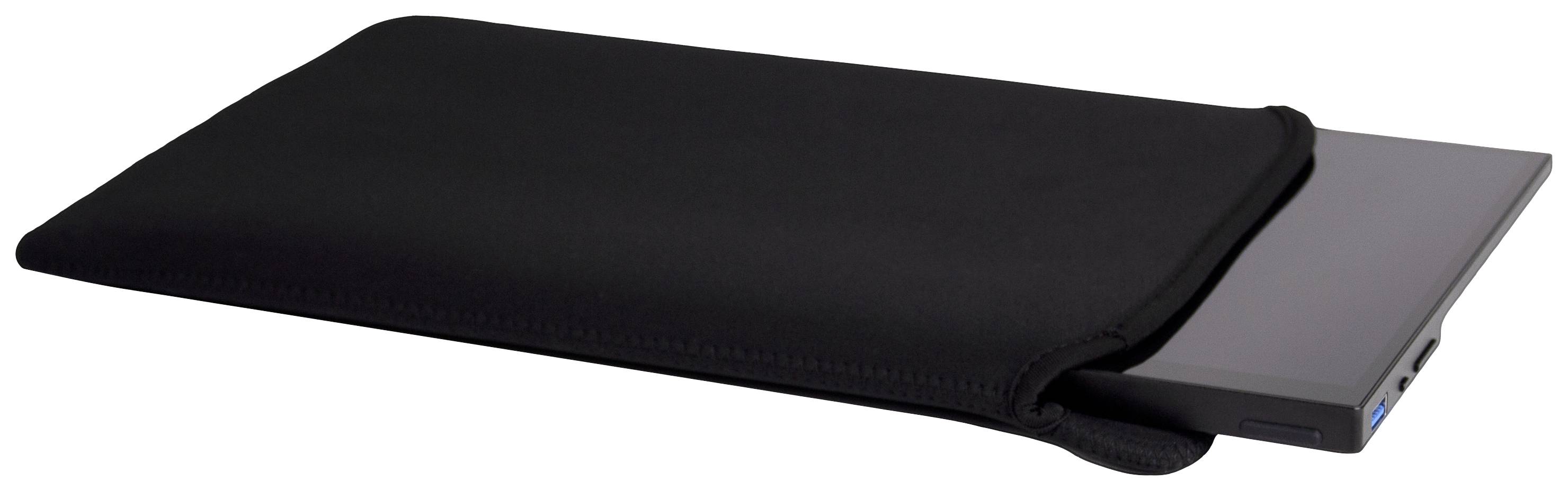 Tablet částečně vytažené z černého neoprenového pouzdra na bílém pozadí.