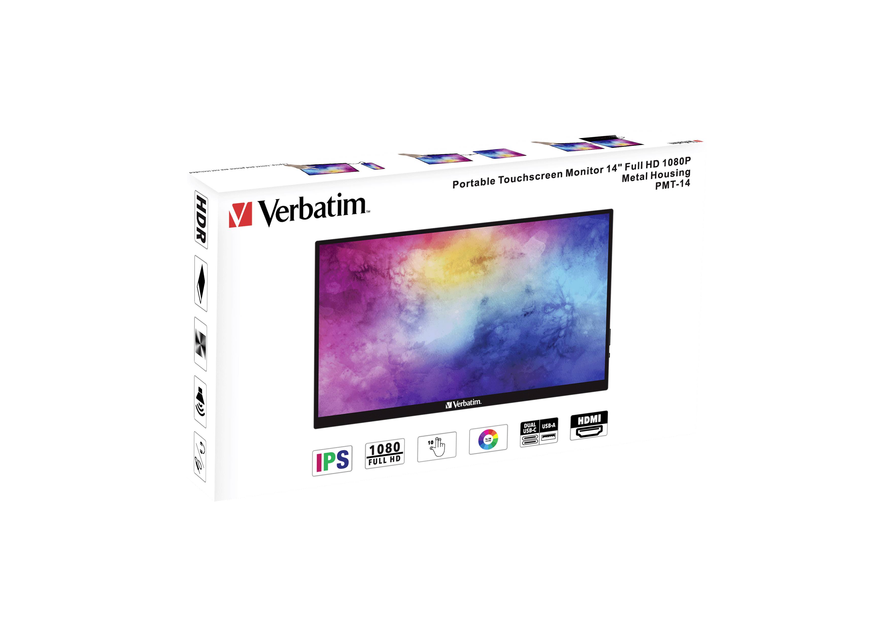 "Verbatim 14" přenosný dotykový monitor, Full HD 1080p, kovové tělo PMT-14." Barevný displej na obrazovce.