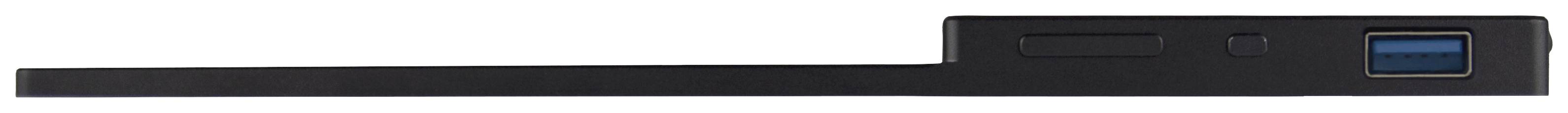 Plochý černý přístroj s USB portem a obdélníkovým tělem.
