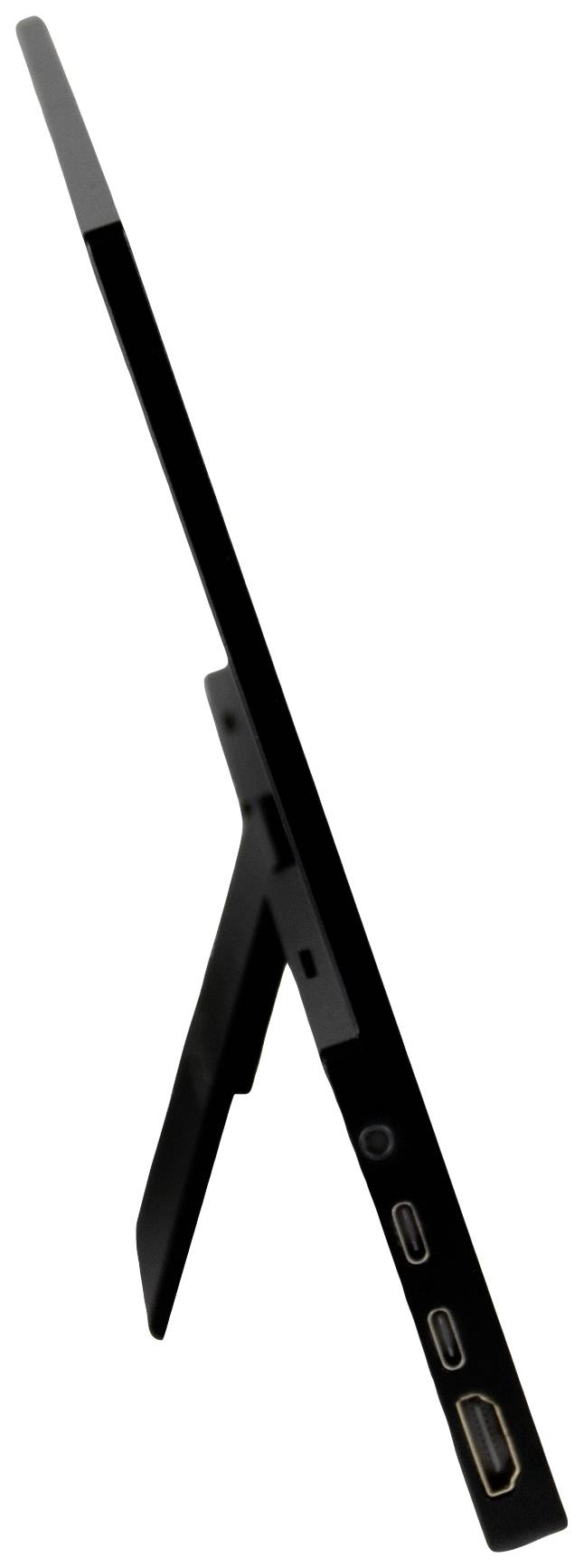 Tablet v bočním pohledu s vyklopitelným stojánkem a několika konektory na straně.