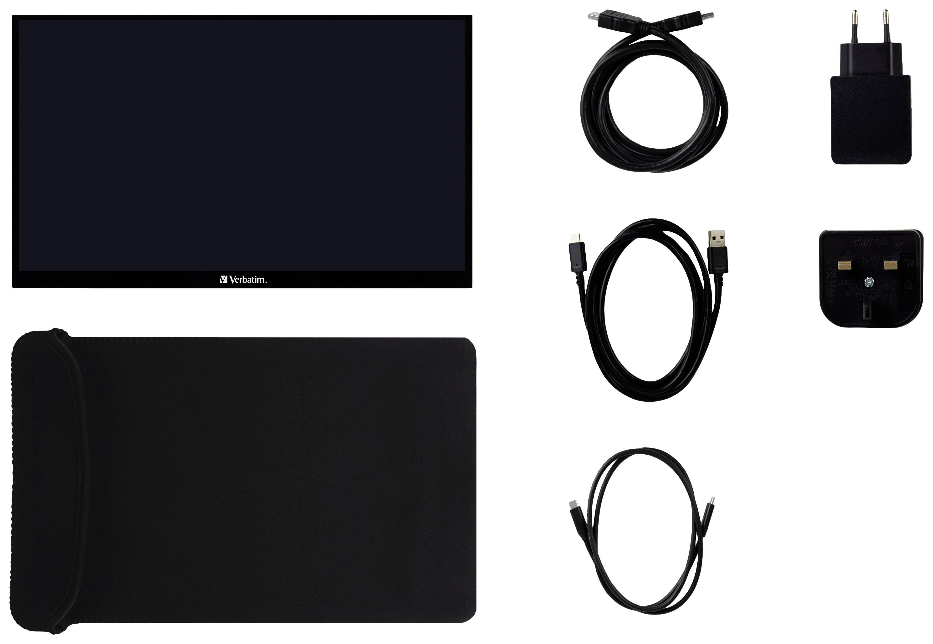 Přenosný monitor s napájecím adaptérem, USB kabely a držákem. Ideální pro mobilní použití.