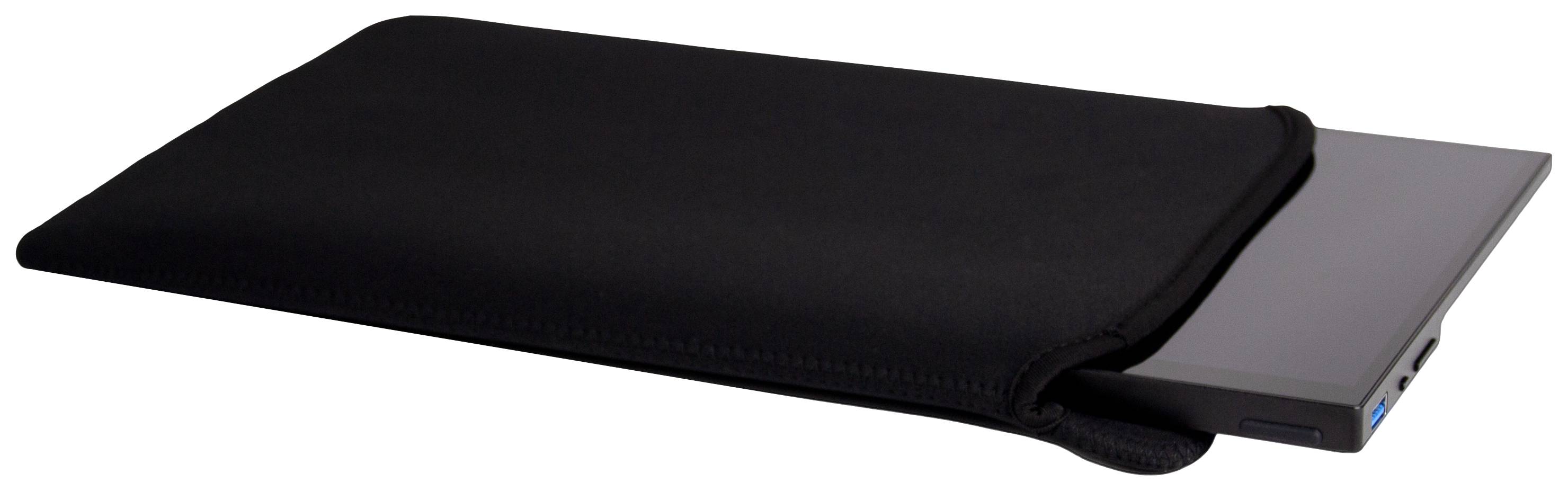 Tablet v černém pouzdře, částečně vytažené, ukazuje černou obrazovku a boční připojovací možnosti.