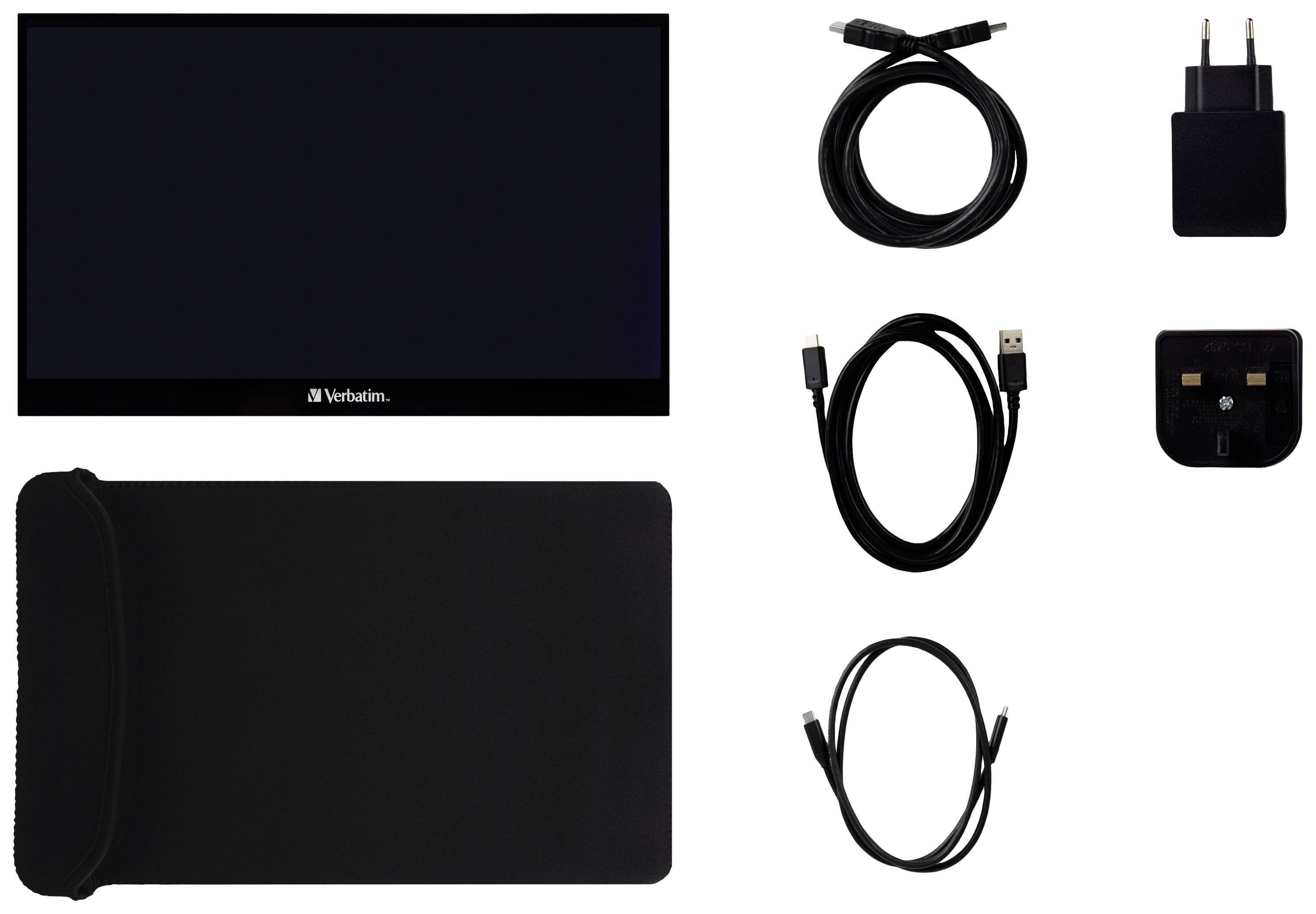 Monitor, podložka pod myš, dva USB kabely, dvě nabíječky. Všechny prvky jsou černé a jsou určené pro počítačové příslušenství.