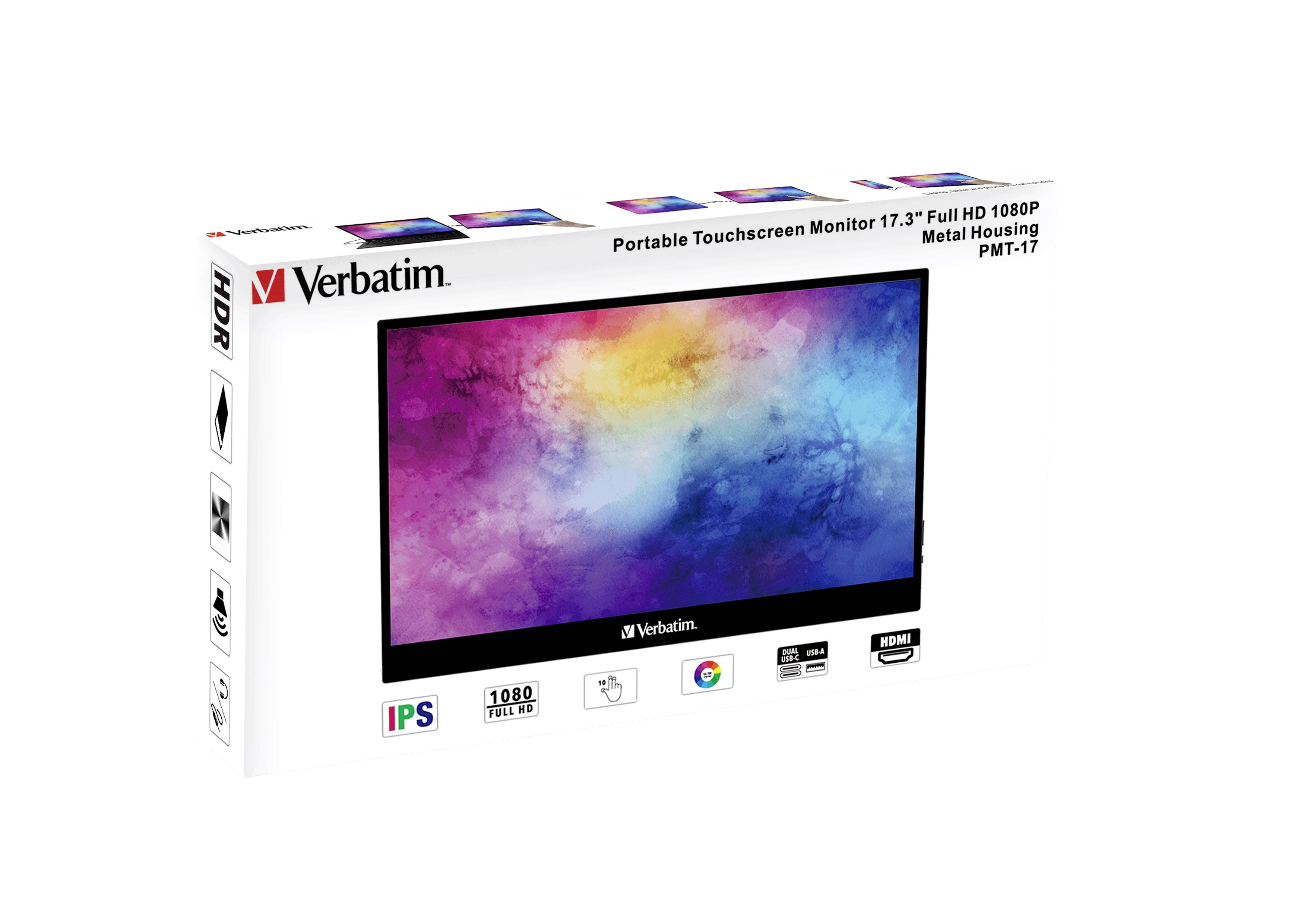 Přenosný 17,3palcový dotykový monitor od Verbatimu, Full HD 1080p, kovové provedení, IPS technologie, HDR, model PMT-17.