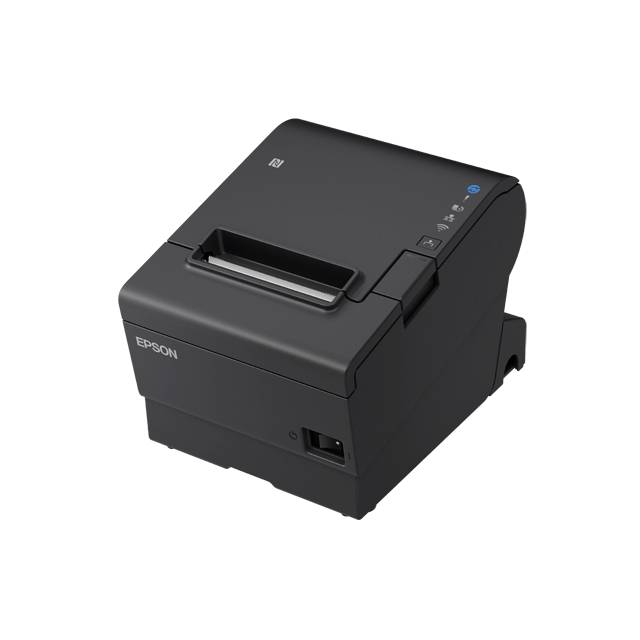 Černá tiskárna Epson v šikmém pohledu; má kompaktní a moderní design, který je vhodný pro profesionální použití.