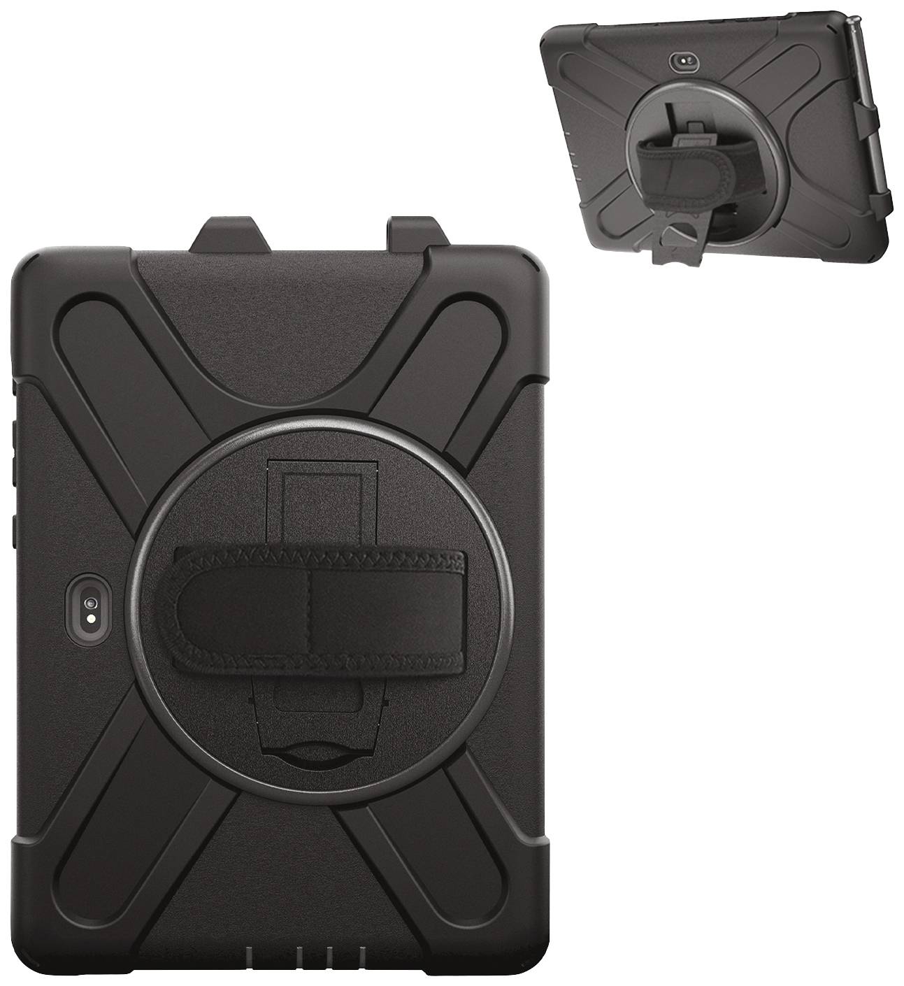 Robustní černý ochranný kryt pro tablet s otočnou rukojetí na zadní straně, který poskytuje ochranu a lepší úchop.