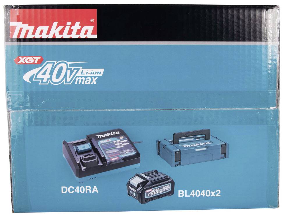 Balení Makita zobrazuje nabíječku DC40RA, dvě baterie BL4040 a kufřík systému XGT 40V Max.